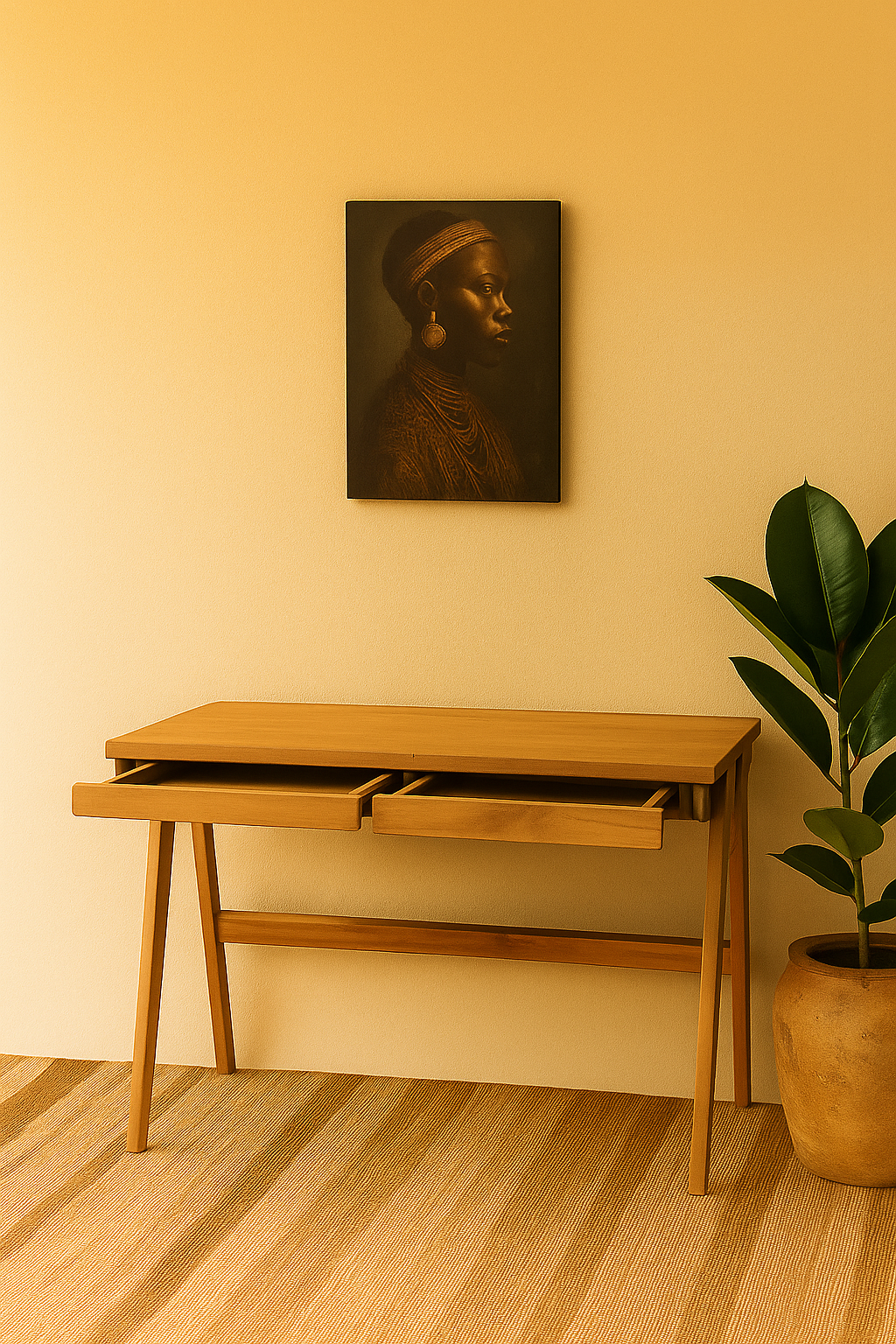 Minimalist wooden writing desk with two open drawers and tapered legs, styled against a warm beige wall with artwork and a potted plant