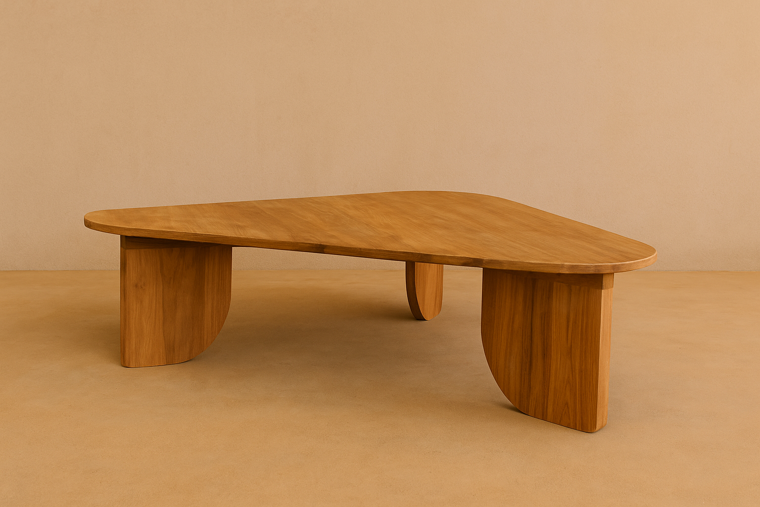 Ochre Coffee Table — handcrafted solid teak coffee table with asymmetrical triangular top, floating thin profile, visible wood grain, and organic sculptural legs.