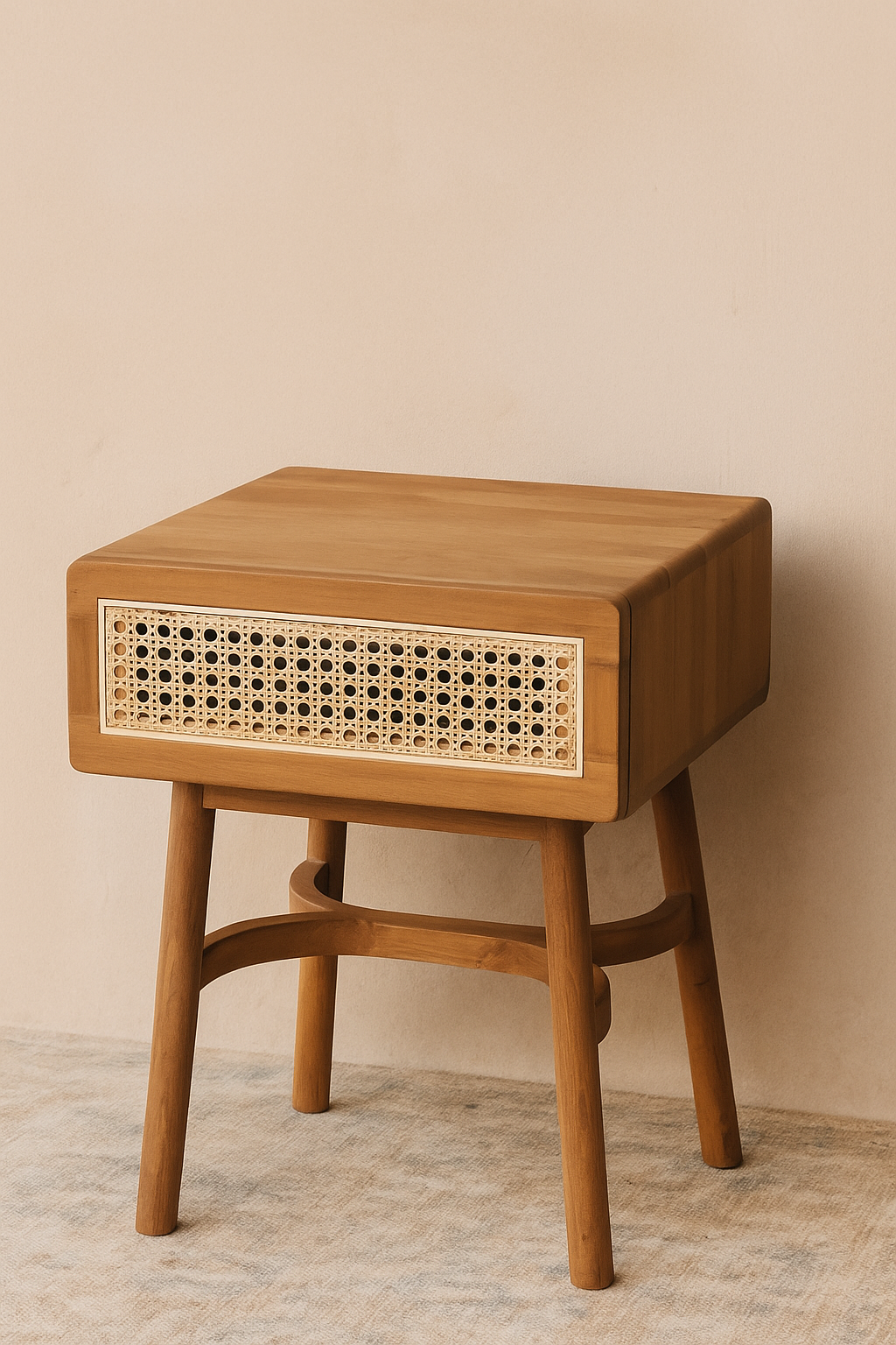 Palma Bedside Cabinet in solid teak with handwoven rattan drawer front and sculptural arched base, handcrafted nightstand for boutique hotels, luxury lodges, and high-end interiors.