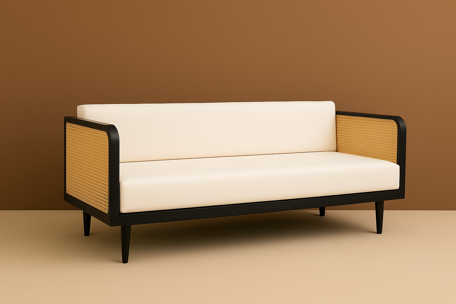 Modern wooden couch with cream cushions, black frame, and natural cane side panels, styled against a brown wall with potted plant and red slippers