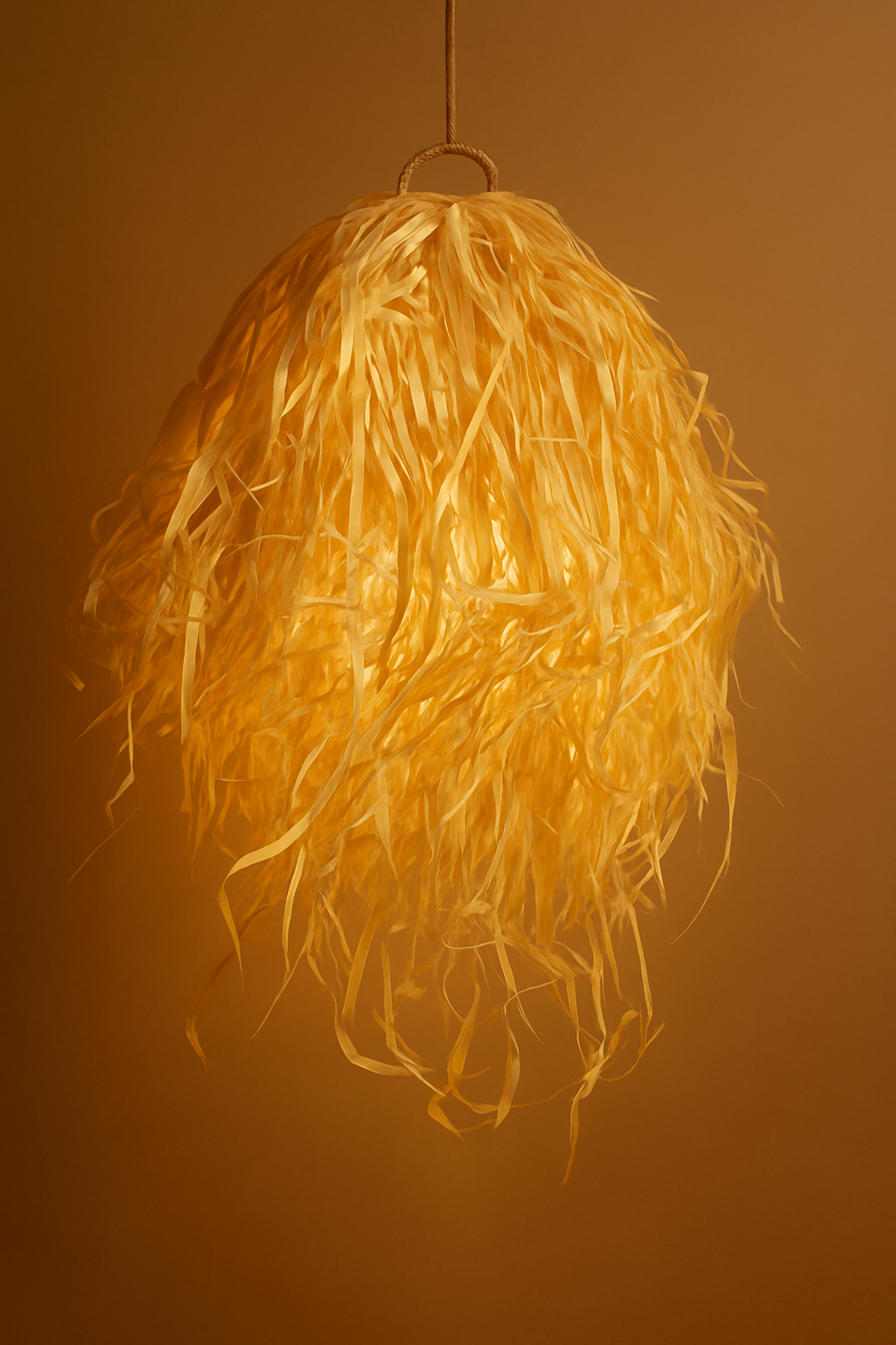 A wild, handwoven raffia pendant light with flowing strands, glowing softly against a warm neutral background
