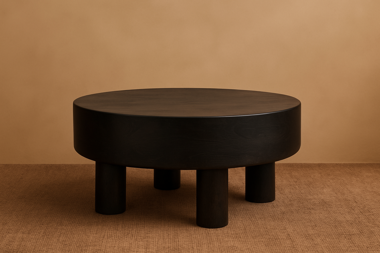 Yanis Coffee Table in solid black-stained teak with round drum top and chunky cylindrical legs, handcrafted sculptural coffee table for luxury homes, lodges, and boutique hotels.