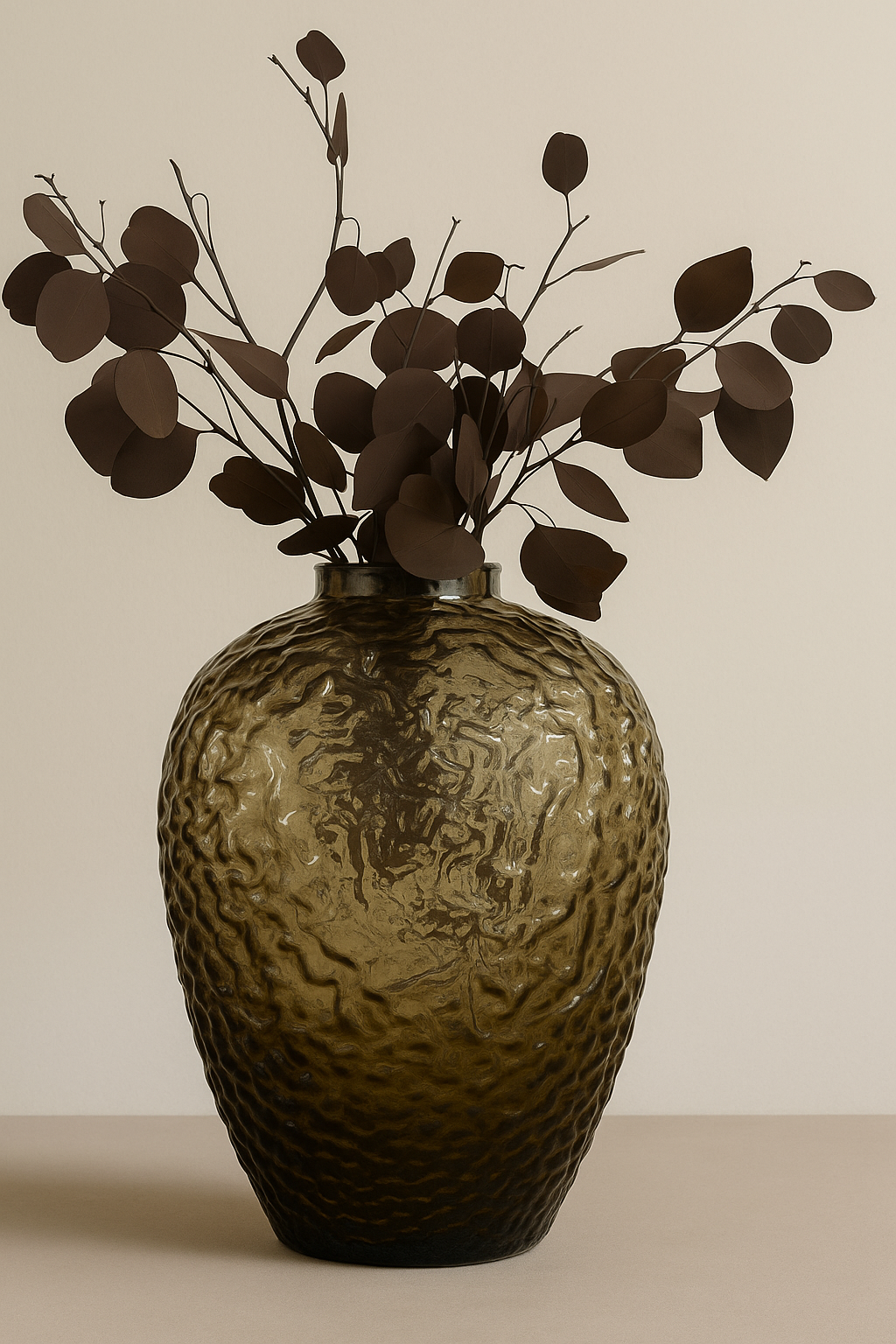 Textured black vase with decorative branches on a beige background