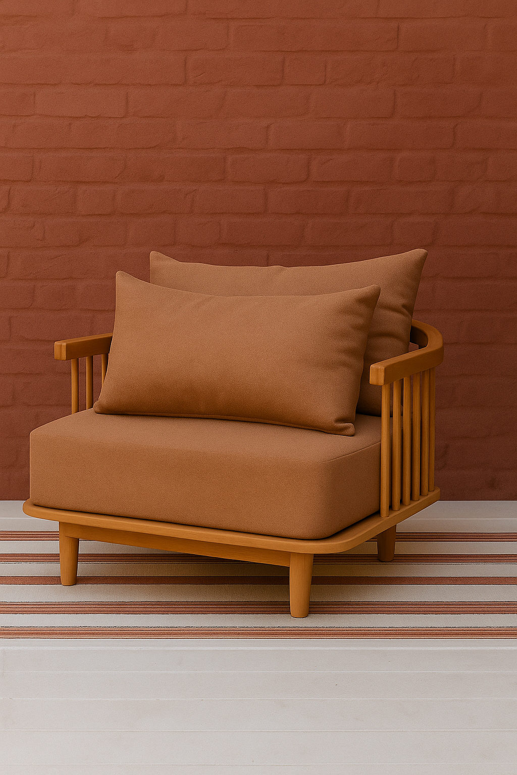 A double-seater lounge chair with earthy brown cushions and a solid teak frame, placed on a striped rug against a light burgundy wall.