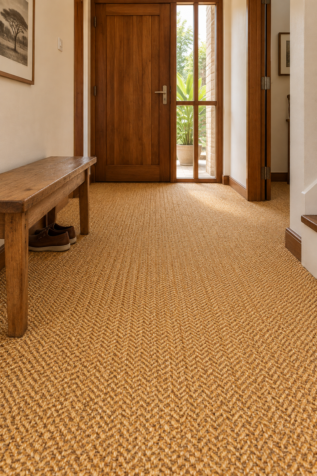 Natural sisal rug woven in a classic herringbone pattern with a crisp, structured surface.