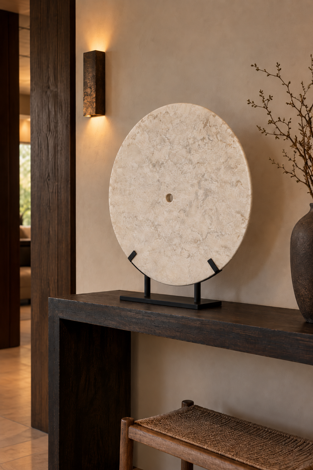 Hand-carved pale stone disc with natural veining and a pierced centre, mounted on a black metal stand.⠋