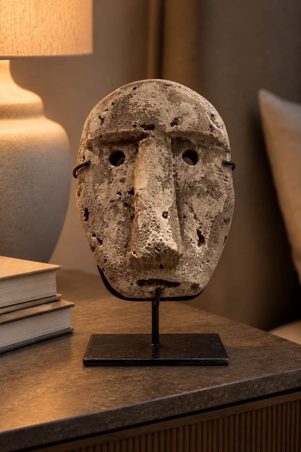 Stylised pale stone mask sculpture with hollowed eyes, a weathered surface and a slim black display stand.