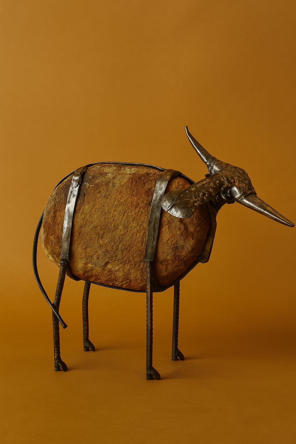 Metallic animal sculpture on an orange background