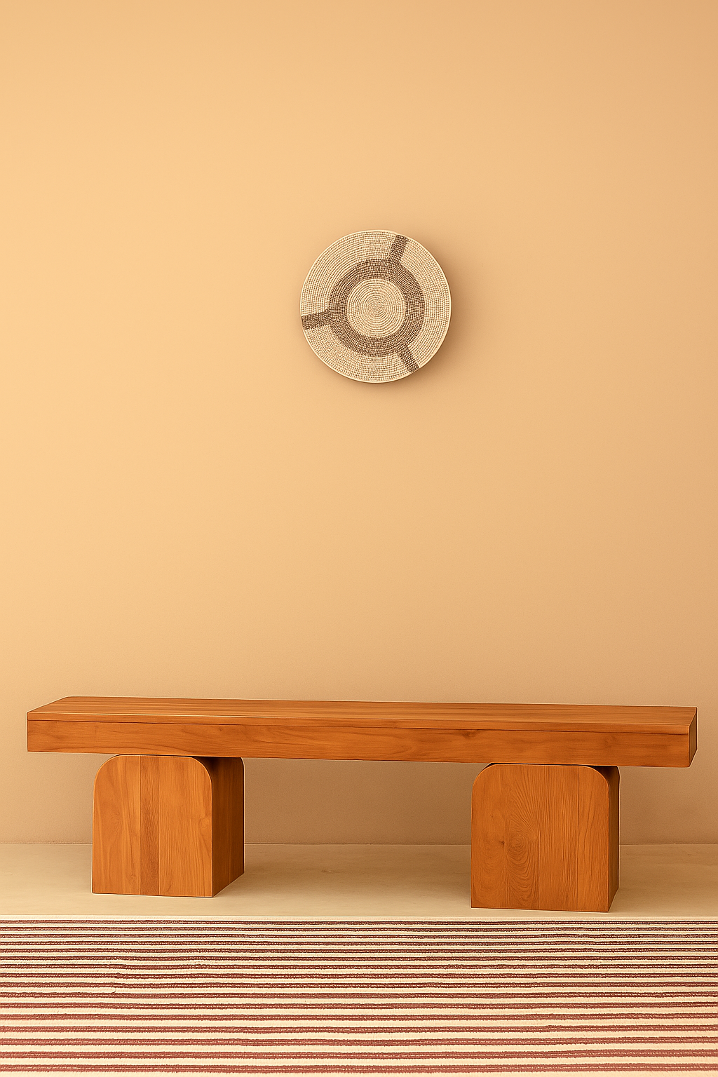 A natural sculptural teak wood bench with curved pedestal legs, styled against a warm ochre wall and striped rug