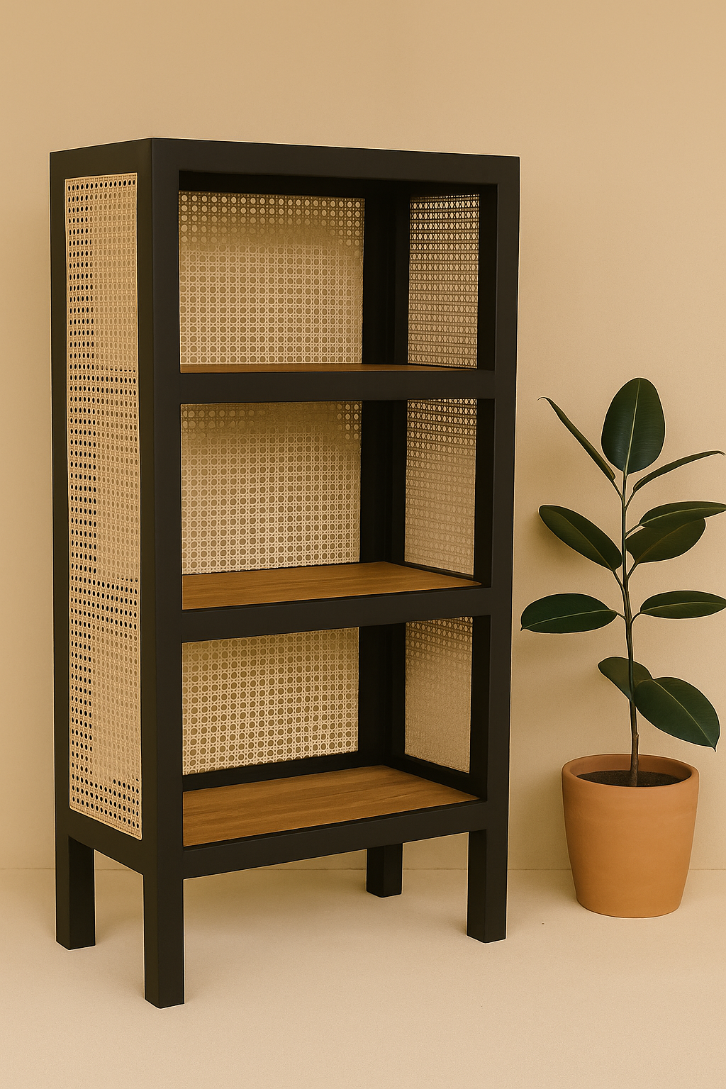 Freestanding open shelf with a black wooden frame, natural rattan side and back panels, and three teak wood shelves, styled with a potted plant beside it.