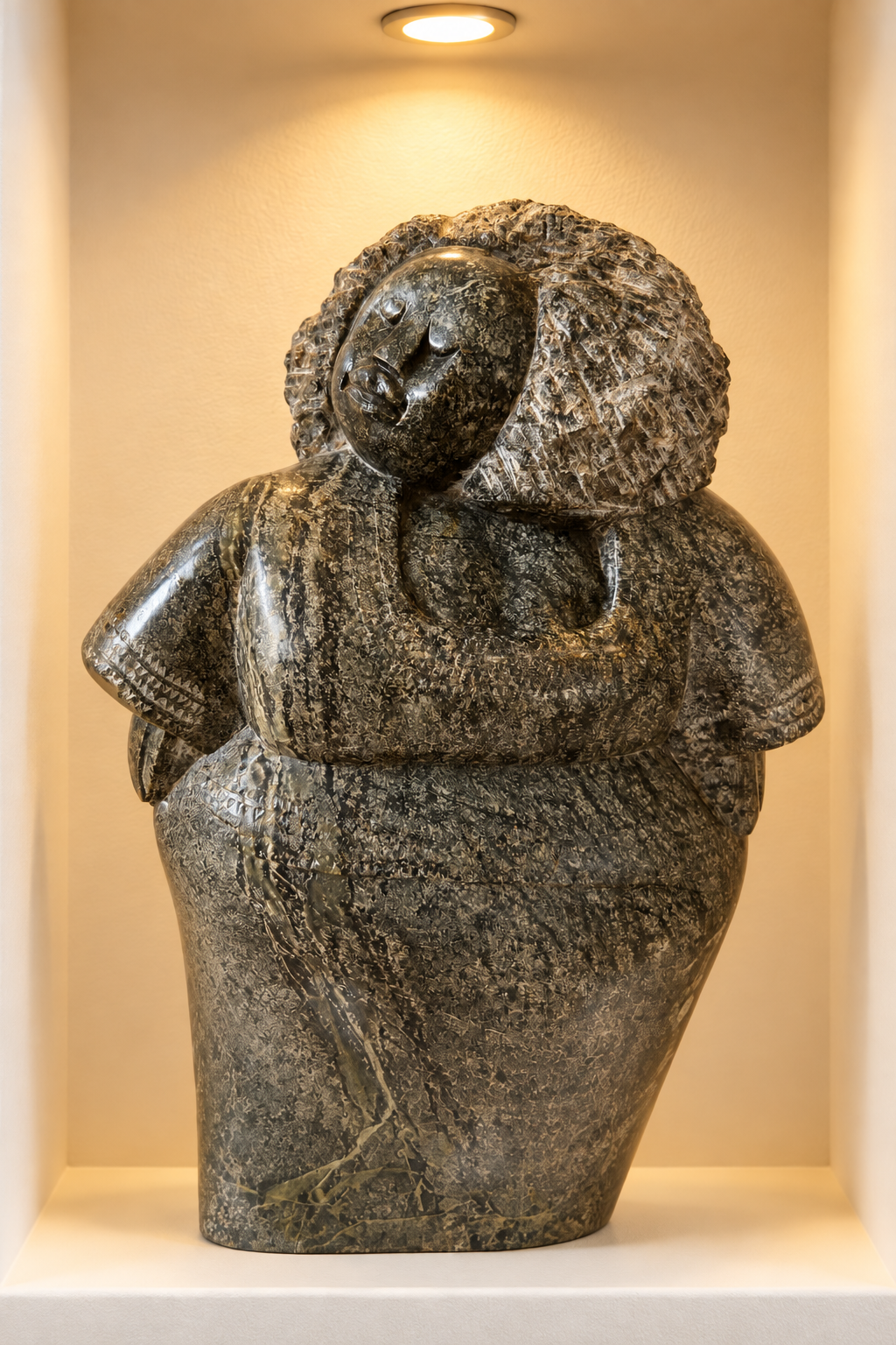 Zimbabwean stone sculpture of a woman with a substantial form and tactile, hand-worked surface.⠋